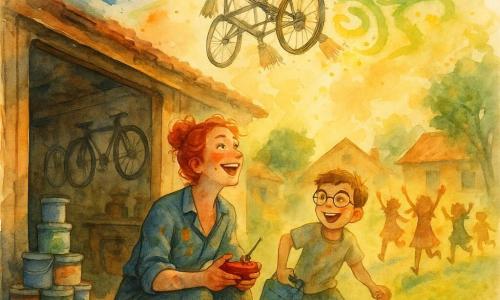 A thirty-year-old female inventor with red hair in a messy bun, a paint-speckled face and a delighted smile holds a red controller and looks at the sky; she wears a rolled-up denim smock and paint-stained boots. A ten-year-old boy with short brown hair and round glasses stands slightly behind her to the left, holding a small blue toolbox, laughing and ready to run, with paint splatters on his knees. In the background, several village children (ages 6–9) run and dance with raised hands, joyful faces and colorful distant silhouettes. Setting: a rustic wooden workshop open onto a small grassy garden with uneven cobbles, stacked paint pots, bicycles on the wall, low brick houses and green trees; warm golden late-afternoon light. Main scene: a makeshift machine (metal frame, visible bicycle wheels, fan of attached brushes) lifted by multicolored balloons floats above the workshop, projecting vivid paint strokes—red arcs, blue streaks, green swirls and yellow splashes—forming cheerful, slightly messy sky patterns with watercolor splashes around the brushes to emphasize motion. Style: soft watercolor, visible paper texture, saturated translucent colors, light outlines and deliberate paint spots.