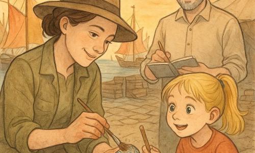 A 35-year-old female archaeologist with a concentrated smile, brown hair in a bun, khaki jacket and wide-brim hat, hands stained with soil, kneeling and using a fine brush to expose a broken blue pottery fragment; to her right Lily, an 8-year-old blonde with a ponytail and freckles, crouched and holding another brush, eyes wide with wonder; behind them Tom, a 40-year-old man with a short graying beard in a beige shirt, standing under a canvas tent, smiling approvingly and holding a notebook and pen; setting on medieval quays with uneven cobbles, stacked crates, ropes and colorful sails of moored boats, a few seagulls against an orange sunset; close-up on the delicate moment of uncovering the decorated pottery, fresh soil and dust particles visible in soft warm light, atmosphere curious and attentive.