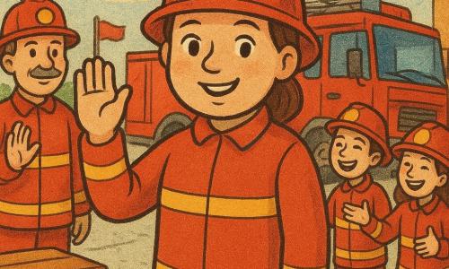 Ana, bombera en el centro, sonriente y valiente, rostro redondo y ojos brillantes, uniforme rojo limpio y casco reluciente levantando una mano en señal; a la izquierda el jefe de bomberos, hombre de unos cincuenta con bigote y mirada cálida, haciendo otra señal; a la derecha dos jóvenes colegas riendo e imitando los gestos; en el patio de la estación, suelo de hormigón claro, gran camión de bomberos rojo al fondo, banderas, cubo y manguera enrollada, banco de madera en primer plano; día soleado con luz dorada y pequeñas nubes, ambiente alegre y animado, gestos claros, colores vivos y contrastados, estilo sencillo y amigable con trazos suaves tipo impresión en periódico.