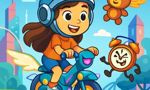 O fetiță de 8 ani, cu părul lung castaniu și ochi strălucitori de curiozitate, poartă o cască futuristă și un zâmbet uimit. Ea pedalează pe bicicleta-robot, care are aripi mici strălucitoare și lumini intermitente. Lângă ea, Puf, un urs de pluș moale și pufoasă, se transformă într-o mică dronă, plutind vesel deasupra ei. Tic-Tac, un ceas deșteptător mic cu brațe și picioare, face grimase în timp ce îi spune glume. Peisajul este un oraș futurist, cu clădiri plutitoare din sticlă colorată, copaci din metal strălucitor și un cer albastru plin de nori în formă de bomboane. În depărtare, un pod care se învârte ca un șarpe leagă două turnuri strălucitoare. Situația principală o arată pe Luna, plină de entuziasm, pe drum spre Laboratorul Spiridușilor Digitali, pregătită să descopere minunile Oglinda-Ghid, înconjurată de o atmosferă magică și luminoasă.