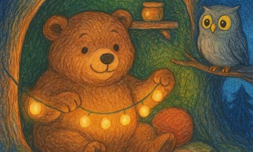 Een realistische, zachte bruine knuffelbeer zit in het midden, zachtaardig glimlachend met glanzende ronde ogen en getekende vacht, terwijl hij een slinger van warme lichtbolletjes ophangt langs de wand van zijn hol; een grijze, ronde uil met grote gele ogen zit op een tak bij de ingang en kijkt vriendelijk toe; rondom liggen een paar gestileerde dennenappels en gekleurde steentjes als schatten; het hol is gezellig met groen mos op de muren, een rood-crèmekleurige wollen deken, zachte ronde kussens en een houten plank met een potje honing; buiten donkere boomcontouren en fonkelende sterren in een indigo hemel, krassende bladtekeningen suggereren de nacht; de lichtslinger maakt de schaduwen zacht en vriendelijk en creëert een warme, veilige sfeer met warme binnenkleuren tegenover diepe blauwe buitenkleuren, in een kindvriendelijke, gekleurde potloodstijl met zichtbare texturen.
