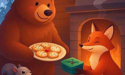 Bramwell, a large fluffy brown bear with gentle eyes and a slight blush, delicately holds a plate of sugar-decorated cookies topped with a red berry as Mrs. Fox, an elegant red fox with silky fur seated by a warm fire and smiling gratefully, offers a small holly-painted tin box; Pip, a lively gray squirrel with snow-dusted whiskers, stands on a stump applauding; the cozy wooden den shows a frosted window with soft yellow light, a smoking chimney, wooden floor, sparkling snow and snow-covered firs outside—a centered Christmas sharing moment with contrasting cold snow and warm hearth, rich colors (warm browns, bright red, pearly white), soft ambient lighting and crisp textures (fur, wood, painted metal).