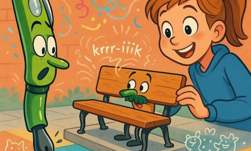 Flip, een felgroene vulpen met een dikke zwarte punt en een glanzend dopje met een klein spiegeltje, kijkt enthousiast en geconcentreerd; hij wiebelt op de rand van de hoes en steekt zijn penpunt vooruit met kleine inktdruppels zichtbaar. Noor, een meisje van 10–12 jaar met lichtbruin haar in een staart, draagt een blauw sweatshirt en houdt Flip in haar hand; ze glimlacht met grote ogen en leunt als een verwonderde toeschouwer. Oom Plank, een antropomorf houten bankje met een klein mosbaardje en ijzeren pootjes, lijkt nerveus en dan trots; hij staat op een stoeppodium en klapt zijn zitting open met een groot “krrr-iiik”. Rondom vormen kleine krijtfiguurtjes—katten, pannenkoeken en mini-draken—een kleurig publiek met dikke witte contouren dat licht boven de tegels zweeft en applaudisseert. Het is een patio met grote, veelkleurige krijttegels (citroengeel, koraal, oceaanblauw), geanimeerde krijtpatronen, een hangend bord “SQUEAK-PARADE” in kinderletters en een slinger van krijtconfetti die door de lucht draait. Situatie: komische paradescène—Flip luistert aandachtig naar Oom Plank, Noor moedigt aan, het bankje geeft een muzikale krak die zichtbaar is als geluidsgolven en het hele patio juicht in wolken van krijtstof.