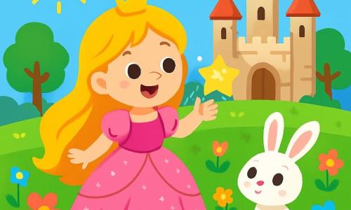 Eine fröhliche Prinzessin mit langen goldenen Haaren und einem glitzernden rosa Kleid steht inmitten eines großen Feldes mit bunten Blumen. Ihre Augen strahlen vor Staunen, während sie einen kleinen leuchtenden Stern streichelt, der vor ihr schwebt. Neben ihr schaut ein kleiner weißer Hase mit großen Ohren, neugierig und freundlich, mit großen Augen zu. Im Hintergrund erhebt sich ein majestätisches Steinschloss, umgeben von grünen Bäumen und blauem Himmel, unter der strahlenden Sonne. Die Prinzessin entdeckt die Magie des Sterns, und die Blumen tanzen um sie herum, was eine verzauberte und fröhliche Atmosphäre schafft.