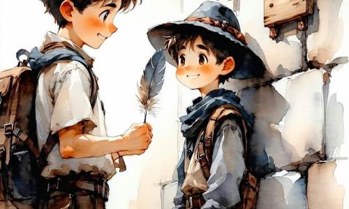 Un chico de 12 años, rostro redondo, pelo castaño despeinado, mirada decidida y algo aliviada, sostiene con delicadeza una pluma gris en la mano derecha y mira tímidamente el nido mural sonriendo; un hombre adulto, el Caballero del Eco, alto y delgado, con capa gris ondeante y sombrero retirado, de expresión contrita y amable, coloca con cuidado el nido mural de madera contra la pared de piedra del ayuntamiento junto al chico; un pajarito mural tipo cucco, cuerpo redondo, pico corto y plumaje beige con mancha gris, asoma medio sorprendido pero sereno desde la nidada que sostiene el hombre; al fondo doña Brígida, de unos 70 años, cabello blanco en moño y gafas redondas, observa con sonrisa benevolente desde una ventana; plaza del pueblo con adoquines húmedos, faroles de hierro forjado de luz cálida, muros de piedra ocres y una marca cuadrada pálida en la fachada donde va el nido; cielo nocturno violeta profundo con luna pálida; escena de restitución del nido, calma y solemne, luz suave y contrastada, gestos lentos y respetuosos, atmósfera ligeramente misteriosa pero reconfortante; estilo: trazos de tinta negra fluidos, lavados grises y ocres, textura de papel rugoso, contrastes de claro y sombra, composición centrada en los tres personajes y el nido.