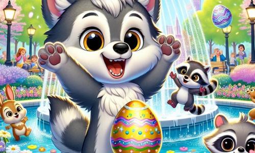 Un pequeño lobo llamado Lucas, con pelaje gris y ojos brillantes de curiosidad, se encuentra alegremente frente a una fuente reluciente, sosteniendo un huevo dorado brillante entre sus patas. Muestra una amplia sonrisa, llena de emoción y orgullo. A su lado, Max el mapache, con su pelaje rayado negro y gris y ojos traviesos, salta de alegría, con los brazos levantados en señal de victoria. Clara la pequeña ardilla, con su pelaje rojizo y su cola esponjosa, aplaude riendo, con ojos brillantes de admiración por Lucas. El escenario es un parque en plena floración, lleno de flores coloridas, árboles verdes y familias felices disfrutando de un hermoso día de primavera. La fuente, adornada con esculturas de conejos y patos, salpica suavemente, añadiendo un toque mágico a la escena. Lucas y sus amigos celebran juntos el descubrimiento del huevo dorado, rodeados de una atmósfera festiva y alegre, simbolizando el espíritu de la Pascua y la amistad.