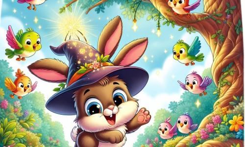 Hopsi, ein kleiner Hase mit großen Ohren und weichem, braunem Fell, trägt einen magischen Hut, der hell leuchtet. Er wirkt fröhlich und überrascht, springt in die Luft mit einem breiten Lächeln und funkelnden Augen vor Aufregung. In der Nähe fliegt eine Gruppe bunter Vögel mit lebhaften Federn um ihn herum, lacht und singt. Sie sind neugierig und begeistert von Hopsis Abenteuern und setzen sich auf die Äste eines Baumes. Die Szenerie ist ein verzauberter Wald mit verdrehten Baumstämmen und leuchtenden Blumen, während Sonnenstrahlen durch die Blätter filtern und eine magische, fröhliche Atmosphäre schaffen. Die Hauptsituation zeigt Hopsi, der in die Luft springt, bereit, in einen Busch zu landen, während die Vögel um ihn herumfliegen und über seine Sprünge lachen.