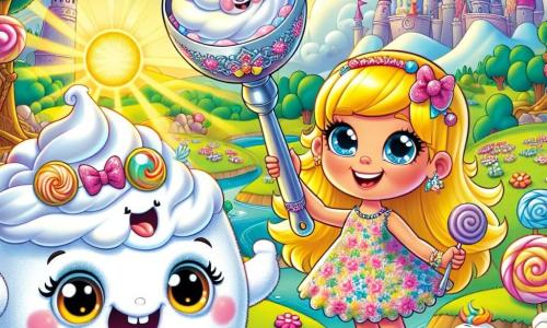 Una bambina di 5 anni, di nome Mirabella, con capelli biondi brillanti come raggi di sole e occhi blu scintillanti, si trova al centro dell'immagine, con un grande sorriso sul volto meravigliato. Indossa un vestito colorato decorato con motivi floreali e tiene in mano un cucchiaio d'argento scintillante, pronta a salvare i suoi amici. Accanto a lei, un buffo mostro di marshmallow di nome Mallow, che sembra avere circa 6 anni, con un corpo rotondo e soffice, occhi tondi e un grande sorriso, salta di gioia con le braccia alzate. Sullo sfondo si estende la Valle delle Meraviglie, con castelli di zucchero filato, fiumi di cioccolato e alberi giganti dai volti sorridenti, circondati da fiori danzanti. Il cielo è di un blu brillante, punteggiato di nuvole a forma di caramelle. La scena principale mostra Mirabella e Mallow davanti a un enorme gelato gigante, pronto per essere rotto con il cucchiaio magico, mentre piccoli mostri di gelato, intrappolati all'interno, guardano con occhi pieni di speranza, impazienti di essere liberati.