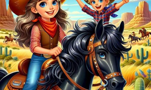 Op de voorgrond staat Lila, een jonge cowgirl van ongeveer 12 jaar, trots op haar paard Zorro, een prachtige zwarte mustang met glanzende manen. Ze heeft lange golvende kastanjebruine haren, een grote glimlach op haar gezicht en draagt een cowboyhoed met een gouden ster. Haar ogen stralen van opwinding en vastberadenheid terwijl ze zich voorbereidt op de race. Naast haar staat Max, haar beste vriend van 11 jaar, met tousled blond haar en sprankelende blauwe ogen. Hij draagt een rood geruit shirt en een bandana om zijn nek. Enthousiast moedigt hij haar aan, met zijn armen in de lucht, staande op een klein rotsblok in de buurt. Op de achtergrond onthult het decor van Sunset Gulch: een gouden prairie die zich uitstrekt tot aan de horizon, bezaaid met cactussen en struiken. In de verte rijzen majestueuze bergen op onder een stralende blauwe lucht, waar de zon fel schijnt. De belangrijkste situatie toont Lila en Max die klaar zijn om deel te nemen aan de grote race van het rodeo, omringd door een enthousiaste menigte die hen aanmoedigt. Lila, geconcentreerd en vol moed, staat op het punt om te vertrekken, terwijl Max haar aanmoedigt met een grote glimlach, wat een sfeer van kameraadschap en opwinding creëert.
