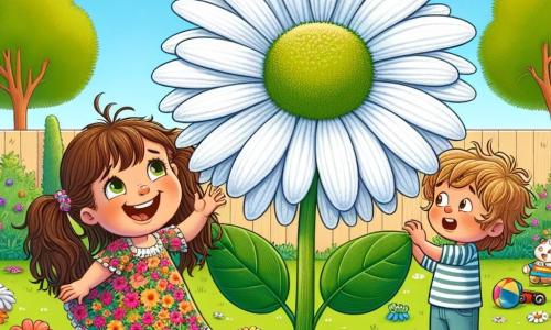 En el centro de la imagen, Lola, una niña de siete años, sonríe con alegría. Tiene el cabello largo y castaño atado en dos coletas y lleva un vestido colorido con estampados de flores. Sus ojos brillan de emoción mientras toca una enorme margarita que ha crecido en su jardín. A su lado, su amigo Pedro, un niño de ocho años con cabello rubio desordenado y una camiseta a rayas, observa asombrado la flor gigante, levantando los brazos para intentar tocarla también. Al fondo, el jardín está lleno de colores vivos: flores de diferentes tamaños, árboles con hojas verdes y un cielo azul con nubes blancas. La escena muestra a Lola, feliz, haciendo crecer la margarita con un simple toque, mientras Pedro, divertido, se prepara para unirse a ella y descubrir el poder mágico de su amiga.