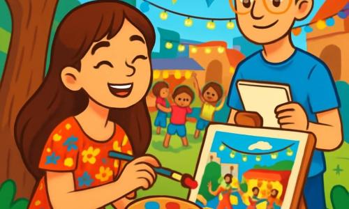 A young woman, Maya, smiling and full of joy, is sitting under a large tree with bright green leaves. She has long brown hair, a colorful floral-patterned dress, and holds brushes and a palette in her hands. She is painting a vibrant picture that captures the energy of a festival. Next to her, a young man named Leo, about 25 years old, wearing yellow-framed glasses and a blue t-shirt, smiles while holding a sketchbook, attentively observing Maya's work. He stands slightly back, ready to help. The setting is a lively square decorated with sparkling light garlands and colorful flags fluttering in the breeze. Children laugh and dance around them, while food stalls and street performers add to the festive atmosphere. The main scene shows Maya passionately painting, capturing the magic of the festival, while Leo encourages her, creating an ambiance of artistic collaboration and shared joy.