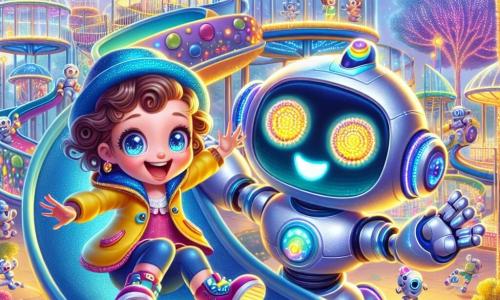 Una bambina di 3 anni, Mia, con grandi occhi brillanti e capelli ricci castani, indossa un cappello blu e una giacca gialla. Sorride gioiosamente, con le braccia aperte, mentre gioca in un parco futuristico. Accanto a lei c'è Robo, un robot amichevole di grande altezza, con un corpo argentato e luci colorate che lampeggiano. Robo sorride e tende la mano verso Mia, pronto ad aiutarla a salire su uno scivolo luminoso. Il parco è pieno di giochi scintillanti, con strutture di vetro e fiori colorati che brillano al sole. Alberi giganti con foglie luminose circondano l'area giochi, creando un'atmosfera magica e gioiosa. La scena principale mostra Mia e Robo che si divertono insieme, Mia che ride mentre scivola, mentre Robo la incoraggia con un grande sorriso. L'atmosfera è piena di colori vivaci e luce, illustrando la gioia e l'avventura nella città futuristica di Luceville.