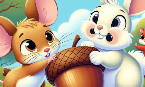A little mouse named Momo, with light brown fur and big curious eyes, is pulling with all her might on a shiny acorn, showing a determined and slightly surprised expression. Next to her, an adorable rabbit with big ears and white fur, named Bunny, is helping by pulling on the other side of the acorn, with an encouraging smile. A red-furred squirrel, Squirrel, stands a bit further away, ready to join them, raising his paws to help. In the background, a bright blue sky and lush green trees surround a sunny clearing sprinkled with colorful flowers. The scene depicts Momo and her friends united in a collective effort to free the acorn from the ground, illustrating the importance of friendship and cooperation.