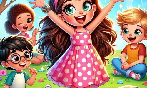 Uma menina de 6 anos, Sofia, com longos cabelos castanhos e olhos brilhantes de alegria, sorri amplamente segurando uma pedra brilhante nas mãos. Ela usa um vestido rosa com bolinhas brancas e sandálias amarelas, cercada por seus amigos. À sua direita, Lucas, um menino de 6 anos com cabelos loiros bagunçados e óculos redondos, faz uma careta engraçada, com os braços abertos, como se fosse um palhaço. À sua esquerda, Ana, uma menina de 6 anos com cabelos cacheados e uma faixa colorida, canta alegremente, com os braços levantados para o céu. Ao fundo, Pedro, um menino de 6 anos com cabelos castanhos e sardas, faz uma cara engraçada, enquanto Júlia, uma menina de 6 anos com cabelos negros e um vestido azul, conta uma história sentada na grama. O cenário é um parque ensolarado, cheio de flores coloridas, árvores verdes e um céu azul brilhante. No centro da imagem, as crianças riem juntas, cercadas por seus tesouros: uma pedra brilhante, uma folha em forma de coração, um galho e uma flor multicolorida, criando uma atmosfera de alegria e amizade.