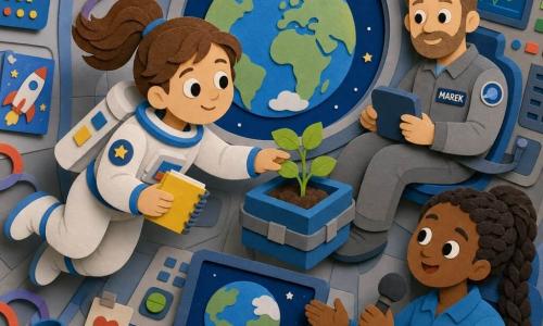 Uśmiechnięta, spokojna kobieta-astronautka o brązowych związanych włosach, okrągłej twarzy i dużych oczach w białym skafandrze z niebieskimi brzegami unosi się w stanie nieważkości, trzyma mały żółty notes i delikatnie dotyka pudełka z młodą zieloną sadzonką; mężczyzna (Marek, ok. 35 lat) z krótkimi włosami i lekką brodą, w szarym kombinezonie, siedzi z tyłu przypięty do konsoli i patrzy na nią życzliwie; kobieta (Amina, ok. 30 lat) o ciemnej karnacji i splecionych włosach w lazurowym kombinezonie trzyma mikrofon i uśmiecha się obok ekranu z widokiem Ziemi; wnętrze stacji kosmicznej w miękkich metalicznych tonach, zaokrąglone ściany, duży okrągły właz z widokiem niebieskiej Ziemi i kremowych chmur, przewody i przyciski wyglądające jak wycięte z papieru; spokojna, ciepła, współpracująca atmosfera, miękkie światło z włazu.