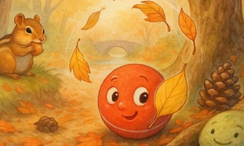 Rollo, the main character, is a slightly worn bright red rubber ball with white scratches and a curious, joyful expression; he rests against a root, ready to dodge swirling leaves—one thin, veined yellow leaf sticks to his side like a gentle companion. A small brown-and-beige striped chipmunk with cheeks full of an acorn sits on a bank to Rollo’s left, watching amusedly, while a dark, knobbly pine cone behind him acts as a calm little shield and a flat, mossy stone by the stream offers quiet guidance. The setting is an autumn forest path carpeted with orange, red, and brown leaves, textured tree trunks, low grasses and moss, dappled golden light, a small stone bridge and a tranquil pool in the background; Rollo is learning to dodge a whirl of leaves by the stream, with circular leaf motion, gentle splashes on the stones, and a calm, curious, slightly cool autumn afternoon atmosphere.