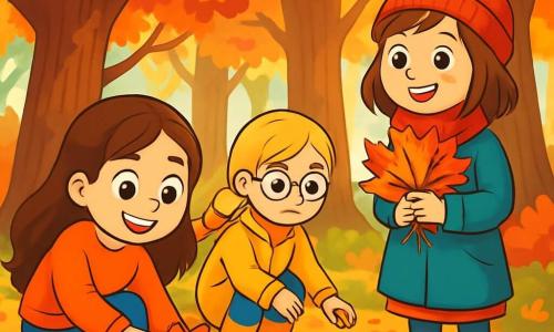 There are three characters: - Lily: a 10-year-old girl with long brown hair and sparkling eyes. She is wearing an orange sweater and blue jeans, and she is picking up colorful leaves from the ground. - Emma: a 10-year-old girl with round glasses and braided blonde hair. She is wearing a yellow coat and rubber boots, crouched down collecting acorns near a large oak tree. - Sophie: a 10-year-old girl with brown hair and freckles. She is wearing a red scarf and a wool hat, standing with a bouquet of leaves in her hands, smiling. The setting is in Willow Grove forest, where majestic trees are adorned with vibrant leaves in shades of red, orange, and gold. The ground is covered in a carpet of crunchy leaves, and sunlight filters through the branches, creating dancing shadows on the ground. The main scene shows the three friends exploring, gathering autumn treasures to create an artistic collage, surrounded by the beauty of nature, falling leaves, and bursts of light, illustrating the magic of autumn.