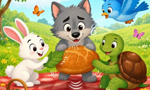 Soft gray little wolf with round bright eyes and big brows, joyful but slightly worried, holding a large bouncing loaf with his small paws; white bunny with big pink ears, mischievous smile, crouched left, tapping the loaf with a leaf to wipe it; green turtle with shiny brown shell, patient content face, seated right, gently holding the loaf to stop it from bouncing; bright blue bird flying just above, wings fanned, blowing gently to dry the loaf; sunny meadow with green grass, small yellow flowers and butterflies, red check picnic blanket with a wicker basket and a few red apples; scene: friends arranging a playful picnic while holding and drying a loaf that went “boing,” dynamic, cheerful colors, simple clear shapes, friendly gentle atmosphere.