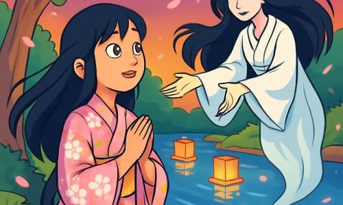 A young woman named Aiko, around 16 years old, stands by a shimmering river, her face illuminated with a mix of wonder and determination. She has long black hair gently flowing in the wind and wears a traditional kimono adorned with cherry blossom patterns in vibrant pastel colors. Her eyes shine with hope as she gazes at the water's surface. Nearby, a female spirit appears, floating above the river. Dressed in a flowing white kimono, her long black hair cascades around her. Her face reflects sadness but also gratitude as she reaches out to Aiko, seemingly seeking a connection. The enchanting setting features the river surrounded by majestic trees with bright green leaves, reflecting the colors of the twilight sky, where floating lanterns softly illuminate the scene. Cherry blossom petals fall slowly, adding a touch of magic to the atmosphere. The main scene shows Aiko, determined to help the spirit regain her name, murmuring a prayer by the water's edge as the moon's reflection begins to shine on the river's surface, creating a mystical and soothing ambiance.
