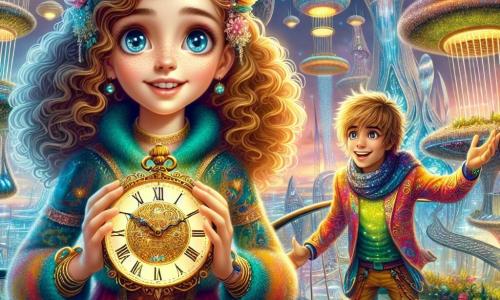 Una niña de 12 años, llamada Eva, se encuentra en el centro de la imagen, con grandes ojos brillantes de curiosidad y cabello castaño rizado que cae sobre sus hombros. Lleva un vestido colorido adornado con motivos de libros y sostiene un antiguo y hermoso reloj dorado en sus manos, con el rostro iluminado por el asombro. A su derecha está un niño de unos 10 años, llamado Luka, con cabello rubio desordenado y una sonrisa radiante. Lleva un traje futurista de colores vivos y parece jugar con un holograma flotante, riendo alegremente. En el fondo, la escena se desarrolla en una ciudad futurista llamada Neoterra, donde edificios brillantes de formas orgánicas se elevan hacia el cielo, rodeados de jardines colgantes y cápsulas voladoras que se deslizan en el aire. Luces de colores iluminan el entorno, creando una atmósfera mágica y dinámica. La situación principal muestra a Eva y Luka maravillándose ante un holograma que proyecta imágenes de paisajes fantásticos, simbolizando el poder de la imaginación y las posibilidades infinitas del viaje en el tiempo.