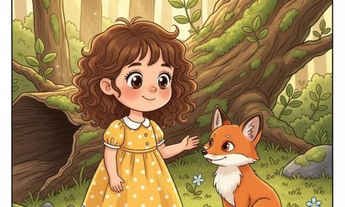 A 4-year-old girl, Lila, smiling and amazed with curly brown hair and bright round eyes, in a yellow polka-dot dress, reaches toward a small red fox named Felix with silky fur and mischievous yet gentle eyes; they sit by a partially fallen mossy oak with young shoots, on a forest floor of thick moss and pale blue flowers lit by golden sunbeams through high branches; warm colors, soft contrasts, rounded features and exaggerated expressions in a child-friendly manga style, centered composition, peaceful curious mood, clear outlines and soft textures suitable for age 4.