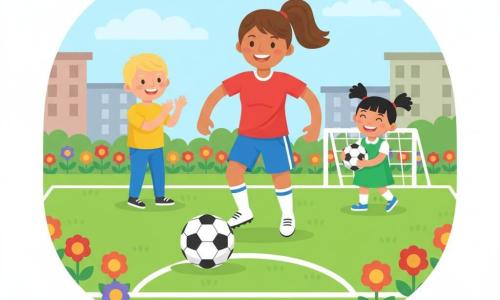 Una futbolista sonriente y decidida, piel morena, pelo castaño en coleta, con camiseta roja, pantalones cortos azules y botas blancas, dribla una gran bola blanca y negra hacia delante; a la izquierda, un niño de unos 8 años, pelo rubio corto, camiseta amarilla y vaqueros, aplaude de pie sobre el césped; a la derecha, una niña de unos 6 años, pelo negro en dos trenzas, vestido verde, sostiene una pelota pequeña y ríe junto a un pequeño poste de portería. El campo es un parque de barrio con césped verde vivo, líneas blancas simples, flores en el borde y edificios bajos estilizados al fondo. Escena de juego colectivo alegre, movimiento hacia delante, rostros expresivos, colores saturados y formas redondeadas.
