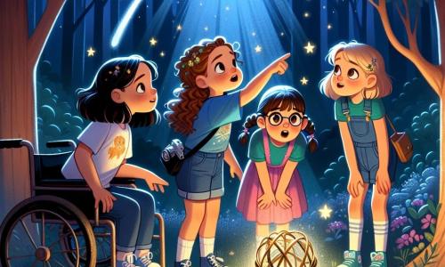 Bajo una mágica luz de luna, cuatro chicas se reúnen, asombradas. Clara, de diez años, con cabello rizado y castaño, lleva una camiseta azul y un short de mezclilla, y señala una estrella fugaz en el cielo. Lucía, también de diez años, con trenzas rubias y un vestido rosa, mira con ojos desmesurados y una radiante sonrisa. Marta, de diez años y en silla de ruedas, con cabello castaño y gafas, sostiene una pequeña cámara, lista para capturar el momento. Finalmente, Sofía, de diez años, con cabello negro y lacio, vestida con una camiseta verde, se agacha cerca de un misterioso artefacto metálico, con ojos brillantes de curiosidad. El escenario es un claro en el bosque, rodeado de altos árboles cuyas hojas brillan bajo la luz de las estrellas. El suelo está cubierto de flores coloridas y hierba suave, y en el centro, un extraño objeto brillante emite un suave resplandor, proyectando sombras fascinantes. Las chicas, fascinadas, descubren un artefacto extraterrestre que proyecta imágenes de planetas y estrellas, mientras una pequeña criatura extraterrestre, Zorak, aparece junto a ellas, sonriente y amigable, creando una atmósfera de asombro y aventura.