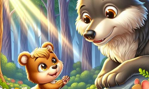 No centro da imagem, um jovem urso chamado Bubu, com pelagem dourada brilhante e olhos curiosos, enfrenta corajosamente um grande lobo de pelagem cinza escuro, que parece surpreso, mas amigável. Bubu sorri, estendendo uma pata em direção ao lobo, mostrando sua vontade de fazer amizade. Ao lado de Bubu, um pequeno rato de olhos redondos e pelagem marrom claro, com uma expressão de admiração, observa a cena sentado em uma pedra, parecendo incentivar Bubu com um pequeno sorriso. O local é uma clareira encantada, cercada por grandes árvores de folhas verdes vibrantes, com flores coloridas dançando ao vento. Um raio de sol atravessa os galhos, iluminando a cena com uma luz acolhedora. A situação principal mostra Bubu e o Grande Lobo Mau se encontrando pela primeira vez, prontos para superar seus medos e descobrir a amizade nesse cenário mágico.