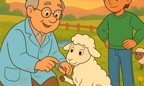 Een vriendelijke glimlachende dierenarts met rond gezicht, kort grijs haar en ronde bril, knielend in een lichtblauwe jas met wat aarde, haalt met een pincet een klein steentje uit de poot van een schaap; zijn uitdrukking is zacht en geconcentreerd. Rechts staat een ongeveer 12-jarige herdersjongen met warrig bruin haar, jeans en groene trui, handen op de heupen, zichtbaar opgelucht. Voor de dierenarts zit een klein wit, donzig schaap met grote rustige ogen dat lichtjes zijn gewonde poot optilt. Achtergrond: grasveld bij schemering met gele bloemen, hoog gras, een rivier en een houten hek, zacht roze-oranje hemel. Sfeervol, teder en rustig tafereel in warme pasteltinten met ronde vormen en duidelijke lijnen à la tekenfilm uit de jaren 90.