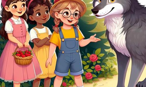 Er zijn vier personages: 1. **Lila**, een 8-jarig meisje met lange bruine haren en sprankelende ogen, draagt een roze jurk en houdt een klein mandje vol bessen vast. Ze staat links, glimlachend en nieuwsgierig. 2. **Milla**, een 7-jarig meisje met blonde vlechten en ronde bril, draagt een gele t-shirt en een spijkerbroek. Ze staat in het midden en kijkt de wolf met een nieuwsgierige blik aan. 3. **Roos**, een 6-jarig meisje met rood haar en sproeten, draagt een blauwe tuinbroek en een strohoed. Ze staat rechts en wijst enthousiast naar de wolf. 4. **De Grote Slechte Wolf**, een grote grijze wolf met glanzende ogen en een vriendelijke uitstraling, staat voor de meisjes, lichtjes naar voren gebogen, alsof hij dichterbij wil komen. De locatie is een zonnige open plek in het hart van een magisch bos. Majestueuze bomen omringen de ruimte, hun groene bladeren dansen in de wind. Kleurrijke bloemen bedekken de grond en een zachte zonnestraal verlicht de scène, wat een warme en gastvrije sfeer creëert. De belangrijkste situatie toont de drie meisjes en de wolf die vrolijk lachen en praten, wat het moment illustreert waarop ze ontdekken dat de wolf niet zo slecht is. De meisjes zijn hand in hand verbonden, terwijl de wolf glimlacht, wat laat zien dat hij nieuwe vriendinnen heeft gevonden.
