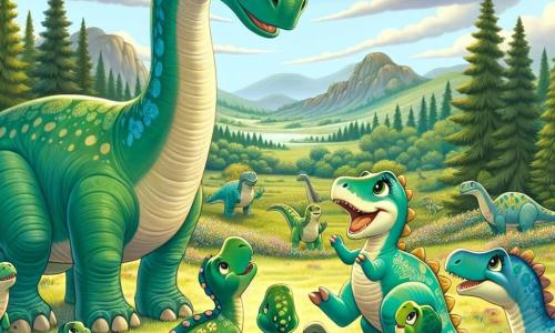 Un diplodocus llamado Dilo, grande y majestuoso, con piel verde brillante y un largo cuello, se encuentra en el centro de la escena, mostrando una sonrisa tranquilizadora mientras mira a sus amigos dinosaurios. A su lado, su nieto Dino, un adorable diplodocus de color verde más claro, salta de alegría, con los ojos brillando de emoción. Lila, la dulce esposa de Dilo, está cerca, con una mirada protectora, su piel adornada con patrones florales, mientras acaricia tiernamente a Dino. La escena se desarrolla en una vasta llanura, llena de árboles verdes y flores coloridas que bailan con la brisa suave. El cielo es de un azul brillante, salpicado de algunas nubes blancas, y a lo lejos se ven suaves montañas. Dilo, rodeado de sus amigos dinosaurios, explica calmadamente que deben permanecer unidos ante la llegada de los carnívoros, creando una atmósfera de solidaridad y amistad. Los pequeños dinosaurios, reunidos a su alrededor, escuchan atentamente, sus rostros iluminados por la esperanza y la confianza.