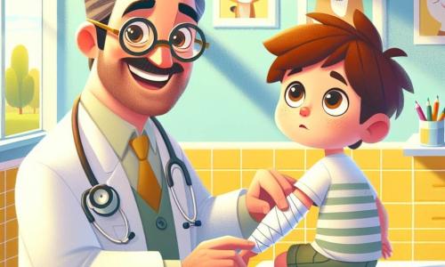 Dr. Felix ist ein fröhlicher Mann in seinen Vierzigern, mit einem großen, warmen Lächeln und schief sitzenden Brillen auf der Nase. Er trägt einen weißen Kittel, ein Stethoskop um den Hals und untersucht einen kleinen Jungen namens Max, der etwa sieben Jahre alt ist und einen Verband am Arm hat. Max, mit zerzausten braunen Haaren und runden, besorgten Augen, schaut Dr. Felix hoffnungsvoll an, während er auf einer Untersuchungsliege im Sprechzimmer sitzt. Der Raum ist hell und einladend, mit pastellgelben Wänden, geschmückt mit Zeichnungen von lächelnden Tieren und Lehrpostern zur Gesundheit. Es gibt eine große Tafel mit Buntstiften, und ein Fenster lässt Sonnenlicht herein, das den Raum erhellt. In dieser Szene beruhigt Dr. Felix Max, nachdem er sich beim Radfahren verletzt hat. Er erklärt ihm sanft, dass er ihm einen Gips anlegen wird, um ihm bei der Heilung zu helfen, während Max, obwohl nervös, zu lächeln beginnt, als er die Unterstützung und Freundlichkeit seines Arztes sieht.