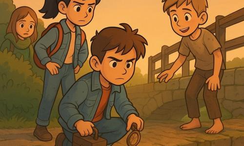 Hay cuatro niños de 10 años: Tomás, niño de cabello castaño despeinado, chaqueta de denim gastada, arrodillado en el centro del puente con una pequeña brújula antigua y una caja de herramientas, mirada decidida hacia la línea de luz; Inés, niña de pelo negro en coleta y mochila roja, manos en la cadera a la izquierda de Tomás, observando al niño del pasado; Leo, niño rubio con camiseta de rayas y sonrisa traviesa, agachado a la derecha fingiendo lanzar una piedra; Sara, niña de castaño claro con bufanda verde, tomada de la mano de Tomás y medio escondida tras un arbusto a la izquierda, preocupada pero valiente. El puente de piedra antiguo está dividido por una fina línea de luz azul y plateada que separa dos épocas: la mitad derecha está envejecida con musgo y grietas, la izquierda clara y nueva; una barandilla de madera torcida y un río brillante debajo reflejan la luz. Los niños del presente ayudan discretamente a un niño del pasado sobre la mitad derecha—se ve un pequeño tornillo brillante sobre la línea y el momento en que empujan una rama para sostener una tabla tambaleante—ambientación de aventura y complicidad, iluminación cálida y contrastada, estilo cartoon 3D cel-shading, colores vivos y texturas nítidas.