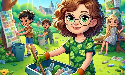 Een 12-jarig meisje, Emma, met krullend kastanjebruin haar en sprankelende ogen vol vastberadenheid, staat in het midden van de afbeelding. Ze draagt een groene t-shirt met een bladmotief en een spijkerbroekshort, en glimlacht trots terwijl ze een grote, kleurrijke recyclingbak vasthoudt. Naast haar is haar vriend Tom, een 12-jarige jongen met blond haar en een bril, bezig afval op te rapen met een tuinhandschoen en toont een geconcentreerde uitdrukking. Iets verderop hangt Lisa, een 11-jarig meisje met zwarte vlechten en een bloemenjurk, posters aan een boom en toont haar enthousiasme met een brede glimlach. De locatie is een groen park, verlicht door de zon, met majestueuze bomen, kleurrijke bloemen en een stralende blauwe lucht. Kinderen spelen vrolijk op de achtergrond, terwijl volwassenen bij tafels zitten die versierd zijn voor een gemeenschapsevenement. De hoofdactie toont Emma en haar vrienden die een grote schoonmaakdag en bewustwording over ecologie organiseren, omringd door afval dat moet worden opgeruimd en kleurrijke versieringen die de aandacht van voorbijgangers trekken.