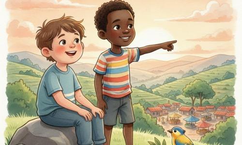 Erik, 8 jaar, rond gezicht, warrig kastanjebruin haar, glinsterende ogen en verwonderde glimlach, zit op een steen met handen op de knieën en kijkt nieuwsgierig en vrolijk naar het landschap; Kwame, ongeveer 8 jaar, donkere huid, kort krullend haar, gekleurd T‑shirt, staat naast Erik en wijst rustig en vertrouwelijk naar de stad beneden; een levendig geel‑blauw vogeltje op een tak dichtbij in de voorgrond; locatie: een grasrijke heuvel boven Kigali bij zonsondergang met groene heuvels, rode daken en kleurrijke markten beneden, enkele bredebladerige bomen en warme oranje lucht; scène: de jongens bewonderen het uitzicht, moment van ontdekking en vriendschap, compositie gericht op hun silhouetten met zachte aquareltexturen en warme kleuren voor een magische sfeer.