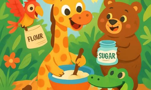 A joyful giraffe named Georgie, with a long spotted neck and a big smile, is mixing ingredients in a large bowl. Her bright eyes show her enthusiasm. Next to her, a colorful parrot named Pepe, with red, yellow, and green feathers, is flying in loops, holding a bag of flour in his claws. A plump brown bear named Benny, with soft fur and a wide smile, is standing on his hind legs, curiously holding a jar of sugar. Clara, a green crocodile with a big smile, is nearby, holding a basket of eggs in her large mouth. The scene takes place in a lush jungle filled with large green leaves, colorful flowers, and sunlight filtering through the trees. In the center, Georgie and her friends are surrounded by scattered ingredients, ready to make a huge cake. The atmosphere is joyful and lively, filled with laughter and animal songs as they work together on their delicious creation.