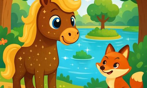 Un magnifico cavallo di nome Bruno, con un manto scintillante come stelle, si trova sulla riva di un lago luccicante, i suoi grandi occhi brillano di curiosità e gioia. Ha una criniera ondulante e dorata che danza nel vento, mentre osserva con meraviglia la piccola isola al centro del lago. Vicino a lui, una volpe astuta con pelo rosso vivo e occhi maliziosi si avvicina a Bruno, pronta a invitarlo a una nuova avventura. Si trova su una roccia, con un sorriso birichino, osservando attentamente il suo amico. Il paesaggio è una foresta incantata, con alberi maestosi dalle foglie verdi brillanti, fiori colorati che bordano il sentiero e raggi di sole che filtrano tra i rami, creando un'atmosfera magica. Bruno, meravigliato, si prepara a esprimere un desiderio al lago dei desideri, dove la luce scintillante dell'acqua riflette i suoi sogni di amicizia e avventura.
