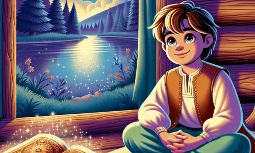 Un ragazzo di 12 anni, Elio, con capelli castani e occhi brillanti, è sdraiato su una coperta morbida vicino a un lago. Il suo viso esprime serenità e gioia, con un leggero sorriso. Sta respirando profondamente, le mani sul ventre, circondato da un'atmosfera pacifica. Vicino a lui, un libro antico con pagine dorate è aperto, fluttuando leggermente nell'aria, come se fosse animato da una magia dolce. Il libro brilla sotto la luce della luna, aggiungendo un tocco incantato alla scena. Il luogo è una cabina in legno rustica, con pareti di tronchi e grandi finestre che lasciano entrare la luce argentata della luna. All'esterno, il lago calmo riflette le stelle scintillanti, e alberi maestosi fiancheggiano la riva, creando un nido naturale. Elio pratica esercizi di respirazione, inspirando l'aria fresca della sera e espirando lentamente, mentre la leggera brezza fa danzare le foglie intorno a lui. L'atmosfera è intrisa di tranquillità e magia, invitando al relax e alla rêverie.