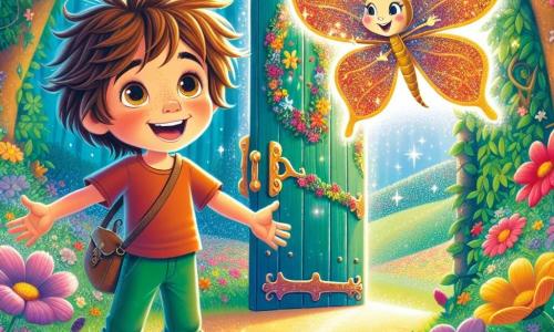 Un ragazzino di 4 anni, Leo, con i capelli castani in disordine e occhi pieni di curiosità, si trova davanti a una porta magica nascosta tra fiori colorati. Ha un grande sorriso sul volto, le braccia aperte, pronto a entrare in un mondo di avventure. Accanto a lui, una piccola farfalla dorata di nome Stella, con ali scintillanti e un volto amichevole, vola gioiosamente nell'aria, incoraggiando Leo a varcare la porta. Il luogo è un giardino incantevole, pieno di fiori brillanti di tutti i colori, grandi alberi con foglie lucenti e una luce soffusa che filtra tra i rami. La porta magica è decorata con motivi scintillanti e sembra vibrare di energia. La scena principale mostra Leo, meravigliato, che guarda la porta che si apre lentamente, mentre Stella lo invita a entrare in questo mondo fantastico, dove gli alberi cantano e i fiori danzano attorno a loro.