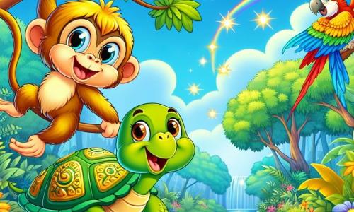 Un pequeño mono llamado Max, con un pelaje dorado brillante y ojos llenos de curiosidad, se balancea alegremente de una rama a otra en la jungla exuberante. Son sonrisa amplia refleja emoción y aventura. A su lado, una tortuga sabia llamada Lila, con un caparazón verde decorado con patrones dorados, lo observa con benevolencia, sentada en una piedra, lista para animar a su amigo. Un loro colorido, Coco, con plumas brillantes de rojo, azul y amarillo, vuela a su alrededor, cantando alegremente y añadiendo un toque de magia a la escena. El entorno es una jungla vibrante, con árboles majestuosos de hojas verdes brillantes, flores multicolores floreciendo bajo el sol y un cielo azul salpicado de nubes blancas esponjosas. A lo lejos, un arroyo brilla, añadiendo una melodía suave a la atmósfera. La situación principal muestra a Max y sus amigos preparándose para entrar en el misterioso Valle de las Estrellas, un lugar mágico donde las estrellas brillan intensamente, iluminando el camino frente a ellos, mientras están juntos, unidos por la emoción y la amistad.