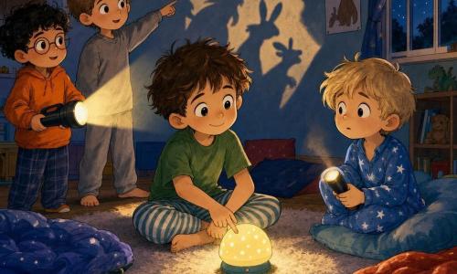 Vier Jungen in einem Kinderzimmer bei Nacht: Paul (~6, blond, große besorgte Augen) sitzt rechts auf einem großen Kissen im blauen Sternenpyjama und zündet eine kleine Taschenlampe an; Max (~7, braun, lächelnd) sitzt mittig auf einem Teppich im grünen T‑Shirt und gestreiften Pyjamahose und schaltet eine warme Nachtlampe ein; Noah (~6, schwarze Locken, runde Brille) steht links hinter den Freunden im orangen Sweatshirt und hält eine große Taschenlampe mit schmalem Strahl; Ben (~8, hellbraun, beruhigendes Gesicht) steht leicht hinten links im grauen Pyjama und deutet auf Schatten an der Wand. Ort: hellholzboden, weicher Teppich, bunte Kissen, aufgeschlagene Schlafsäcke, Lichterkette an der Decke, Tierposter an den texturierten Wänden, halbgeöffnetes Fenster mit sichtbaren Sternen. Szene: die Jungen um kleine Leuchten, gelb-weiße Strahlen werfen große tanzende Schatten an die Wand, warme, beruhigende Stimmung mit sanftem Kontrast zwischen bläulicher Dunkelheit und Lichtflecken, neugierige und erleichterte Mienen.