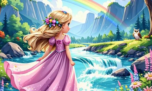 Die Prinzessin Lila, ein etwa 8-jähriges Mädchen, hat lange, goldene Haare, die in der Sonne glänzen, und trägt ein rosa Kleid, das mit bunten Blumen verziert ist. Sie ist voller Staunen und Freude und blickt mit funkelnden Augen auf einen wunderschönen, glitzernden Fluss vor ihr, auf dessen Oberfläche Regenbogenreflexe tanzen. Neben ihr sitzt Hoot, eine kleine, weise und freundliche Eule mit braunen Federn und großen runden Augen, die sich auf einem Ast direkt über Lila niedergelassen hat. Hoot, der sanft hootet, scheint Lila zu ermutigen, sich einen Wunsch beim magischen Fluss zu wünschen. Der Ort ist ein wunderschöner, verzauberter Wald, gefüllt mit großen Bäumen und bunten Blumen. Sonnenstrahlen dringen durch das Blätterdach und erhellen den weichen, moosbedeckten Weg mit kleinen, glänzenden Steinen. Die Hauptsituation zeigt Lila, die die Arme zur Freude hebt, bereit, sich beim magischen Fluss einen Wunsch zu erfüllen, während Hoot sie wohlwollend beobachtet, umgeben von der märchenhaften Schönheit der Natur.