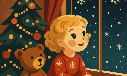 A 2-year-old girl with sparkling eyes and curly blonde hair, dressed in red pajamas with snowflake patterns, gazes out the window in wonder. A brown teddy bear named Mr. Cuddles sits beside her on the windowsill, also appearing fascinated by the view. The scene takes place in a cozy living room decorated for Christmas, with a large tree sparkling with lights and colorful ornaments. Snowflakes gently fall outside, creating a magical and festive atmosphere.