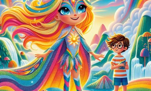 Luminara, una superheroína de cabello dorado brillante y ojos cambiantes, se encuentra al borde de un arroyo de agua arcoíris. Sonríe con asombro, sus ojos brillan de un azul alegre. Su traje resplandeciente está adornado con patrones luminosos, y su capa flota suavemente en el viento. A su lado, un niño de 8 años, vestido con una camiseta a rayas y pantalones cortos, observa con curiosidad. Tiene el cabello castaño desordenado y gafas redondas que le dan un aire travieso. Sostiene un pequeño libro de historias de superhéroes, fascinado por los relatos que descubre. En el fondo, el Refugio de los Héroes está rodeado de montañas de nubes suaves y ríos de limonada espumosa. Árboles con hojas multicolores bailan al ritmo del viento, creando una atmósfera mágica. Luminara y el niño exploran juntos este lugar encantador, descubriendo secretos ocultos mientras ríen y se divierten, listos para vivir una nueva aventura.