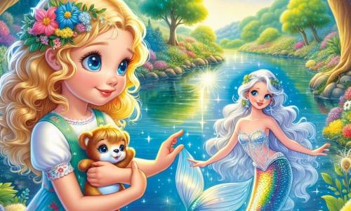 A 9-year-old girl named Luna, with sparkling blue eyes and golden curls, stands by a shimmering river, her face radiant with wonder and curiosity. She wears a light dress with colorful floral patterns and holds a small plush toy named Mr. Snuggles in her arms. Beside her, a beautiful mermaid named Mirra, with silver hair and shiny scales, gracefully floats in the water, her gentle smile lighting up her face. She seems ready to share secrets with Luna, her arms open as if inviting her to listen to the whispers of the river. The enchanting setting features the Reflections river winding through a lush valley, surrounded by vibrant flowers and majestic trees swaying in the breeze. The sky is bright blue with light clouds, creating a magical and peaceful atmosphere. The main scene shows Luna, mesmerized, listening intently to Mirra as she reveals the secrets of life and the universe, while shimmering reflections in the water unveil images of memories and dreams.