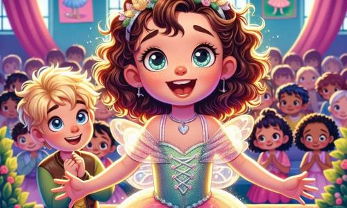 Ein 6-jähriges Mädchen, Mia, mit lockigem braunem Haar und funkelnden Augen, steht auf der Bühne, gekleidet in ein glitzerndes Feenkleid, ihr Gesicht strahlt vor Freude und leichter Nervosität. Sie lächelt mit offenen Armen, bereit, ihre Rolle zu spielen, während ein sanftes Licht ihr Gesicht beleuchtet. Neben ihr ermutigt ihr Freund Ben, ein 6-jähriger Junge mit blonden Haaren und blauen Augen, sie mit einem breiten Lächeln und geballten Fäusten. Er steht leicht im Hintergrund, bereit, ihr zu helfen, falls nötig. Die Szene findet in einem Klassenraum mit bunten Farben statt, an den Wänden hängen Märchenplakate und Kinder sitzen auf Bänken, gespannt auf die Aufführung. Bunte Papiergirlanden hängen von der Decke und schaffen eine festliche Atmosphäre. Obwohl Mia nervös ist, atmet sie tief ein, bereit, ihre Angst zu überwinden und ihr Bestes auf der Bühne zu geben, während das Publikum gespannt wartet.