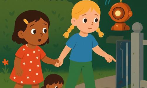 Drie personages: Mila (4) met kort bruin haar en gele speld, rood jurkje met witte stippen, kijkt verbaasd naar een kleinere versie van zichzelf links; Noor (4) met blonde dotjes, blauw T-shirt en groene broek, houdt Mila's hand en wijst naar een klein stukje rode krijt bij een goot; Tik, een niet-menselijk apparaat (tijdklok), ronde glanzende koperen kast met lichtje en gouden belletje, op een poortpaal achter de meisjes en straalt kleine blauwe lichtgolven uit. Plaats: voorstedelijke tuin bij schemering met groene graszode, wilde oranje en mauve bloemen, hoge haag en smal zilverkleurig metalen poortje met verfspatten en een stenen goot. Situatie: de twee meisjes gaan zacht door het glanzende poortje en staan samen bij de ingang van een oudere straat; links speelt een kleine Mila met een geel emmertje en gevallen krijtjes; sfeer van verwondering en nieuwsgierigheid, zachte lichtval en heldere, contrasterende kleuren.