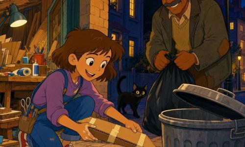 Mina, an inventive young woman with short light-brown hair, bright eyes and glue-stained fingers, crouches by a trash bin at night, smiling and focused as she slides a makeshift cardboard wedge under a stubborn lid; beside her stands Mr. Lyle, about 60, mustached in a worn wool jacket, smiling with relief and holding a trash bag, while a small black cat slips between their feet; the cobbled residential street is lit by yellow streetlights, open windows spill warm light, and Mina’s workshop—wooden table, stacked cardboard and scattered tools—is visible behind them; the warm, clear scene shows small textures like shiny tape, cardboard layers and wood grain.