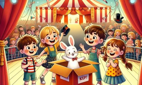 Em um circo colorido e alegre, quatro crianças estão no centro do palco. Léo, um menino de 8 anos com cabelos castanhos bagunçados e uma camiseta vermelha, sorri segurando um chapéu de mágico. À sua direita, Bia, uma menina de 7 anos com cabelos loiros trançados, veste um vestido de bolinhas e aplaude entusiasticamente. Tom, um menino de 9 anos com óculos e uma camiseta azul, está agachado perto de uma grande caixa de palha, olhando com curiosidade. Por fim, Ana, uma menina de 6 anos com cabelos cacheados e uma saia colorida, ri segurando um coelho branco que acabou de sair da caixa. O circo é decorado com tendas listradas vermelhas e amarelas, com luzes brilhantes e balões coloridos flutuando no ar. Ao fundo, acrobatas se lançam pelo ar, e animais de circo se movem alegremente. A cena mostra as crianças descobrindo o coelho escondido na caixa, todas com expressões de admiração e alegria, prontas para levá-lo ao espetáculo mágico que as aguarda.