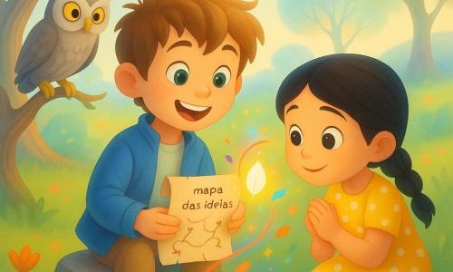 Um menino de 6 anos, Lucas, sorrindo e maravilhado, segura um pequeno pergaminho aberto mostrando o "mapa das ideias"; à sua direita, Sofia, cerca de 6 anos, curiosa e comovida, agacha-se para olhar o pergaminho, com trança e vestido amarelo às bolinhas, mãos juntas; uma velha coruja cinzenta de olhos dourados pousa numa baixa rama à esquerda; o lugar é um vale aberto e luminoso com relva pontilhada de flores, névoas coloridas em fitas e árvores de troncos retorcidos e folhas translúcidas em tons pastel; palavras como pequenas folhas e estrelas coloridas rodopiam no ar entre eles formando caminhos luminosos enquanto Lucas oferece o pergaminho e uma ideia toma a forma de uma semente luminosa que flutua suavemente em direção a Sofia.